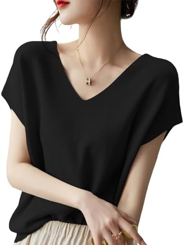 YUMISS Women's Short Sleeve Summer Knit T-Shirt, Luxurious, V-Neck, Securely Covers Upper Arms, Slimming, Top, T-Shirt, Spring, Summer, Soft, Cool, Loose, Stylish, Commuting to Work
