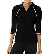 Aurgelmir Women's Casual 3/4 Sleeve Golf Polo T Shirts V Neck Workout Striped Slim Fit Tennis Shi...