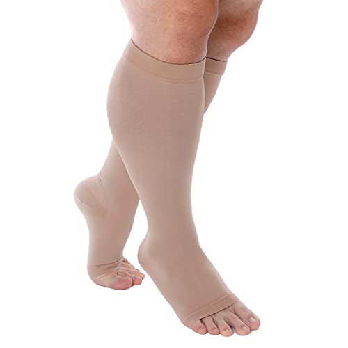 FITTOO Calcetines de Compresión 20-30 mmHg Piernas Anchas Calcetines Altos Soporte Firme de Punta Abierta para Deportes Embarazo Trabajo en Oficina Viajes en Avión Hombres y Mujeres 1 Par (Beige, 6XL) Cover
