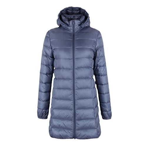Manteau long en duvet femme XXL bleu : chaleur ultra légère et capuche amovible