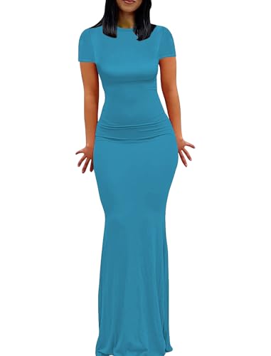 Image of Womens Summer Short Sleeve Square Neck Elegant Casual Lounge Bodycon Slim Maxi Evening Party Long Dress