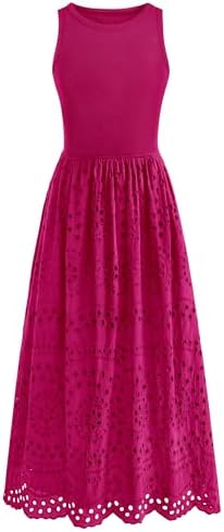 dowerme Women Summer Dresses 2025 Casual Sleeveless Crewneck A-Line Boho Lace Eyelet Cotton Tank Maxi Dress with Pockets