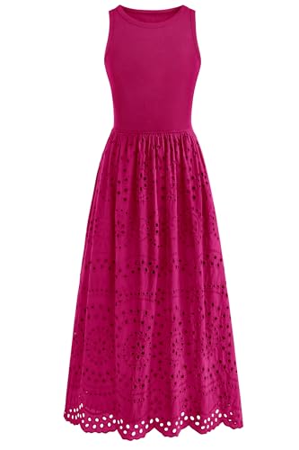Image of dowerme Women Summer Dresses 2026 Casual Sleeveless Crewneck A-Line Boho Lace Eyelet Cotton Tank Maxi Dress with Pockets
