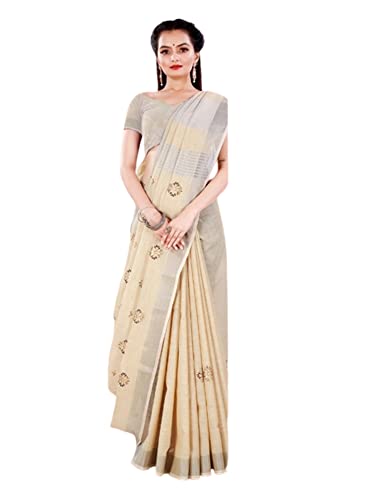 Sari indien traditionnel en lin tissé crème avec bordure modèle 2735