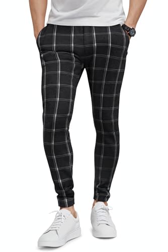 GINGTTO Men Twill Pants Slim Fit Casual Plaid Skinny Pants for Men Fashion Black 34