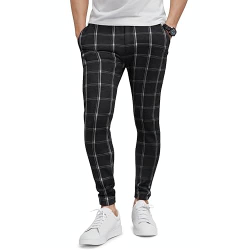 GINGTTO Mens Plaid Dress Pants Stretch Chino Pants Men Slim Fit 36W x 30L Black With Plaid