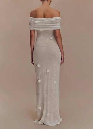 Women Sexy Off Shoulder Crochet Maxi Dress Elegant Long Sleeve Ruched Bodycon Knit Mesh Sheer Beach Vacation Party Dress4