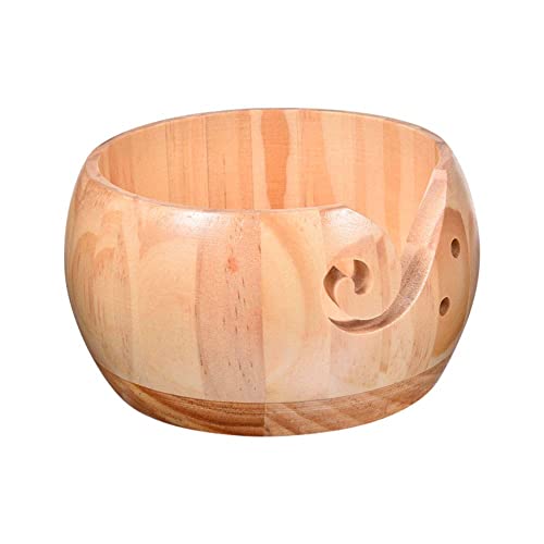 Image of Wooden Crafted Yarn Ball Storage Bowl with Carved Holes and Drills Holes Wooden Yarn Bowl for Crocheting Knitting Accessories DIY Crafts (B)