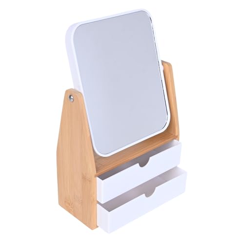 PYSYY 1x / 5X Magnifying Makeup Mirror Jewelry and Cosmetics Storage Box with Double Drawers Adjustable Natural Bamboo Stand 360 rotatable Vertical Desktop Mirror (1 Rectangle)