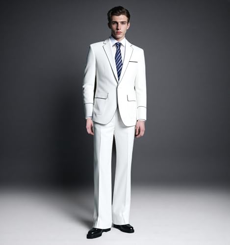 MOGU Mens 2 Pieces White Dress Suit One Button Slim Fit Tuxedo Notched Lapel Jacket and Bell Bottom Pants for Wedding Prom2