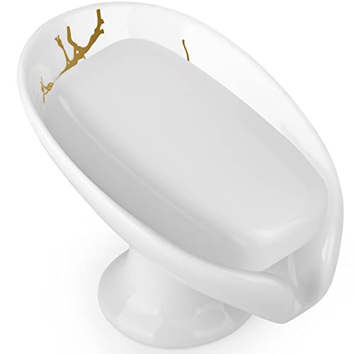 Soap Dish for Shower Ceramic Soap Holder Self Draining Leaf Shape Bar Soap Tray, Marble Pattern White Drain Soap Dish Holder for Bathroom,Easy Cleaning Keep Soap Dry