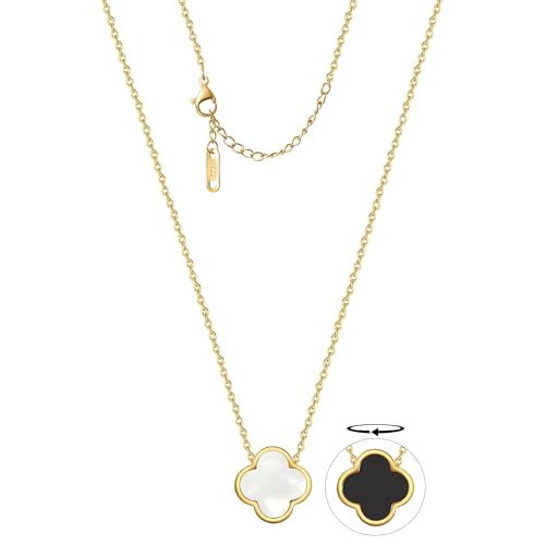SIDHGN Double Sided Four Leaf Clover Necklace for Women Girl: White Black Lucky Clover Pendant,18K Gold Plated Jewelry Christmas Valentine's Day Gifts (Black White-Gold)