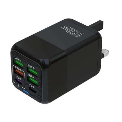 FiTspi 6-Port USB C Plug Fast Charging, 150W Fast Charger Plug, Multi USB Power Adapter, Dual Port PD Power Adapter +QC USB A Wall Charger Compatible with IOS and Android devices (Black)