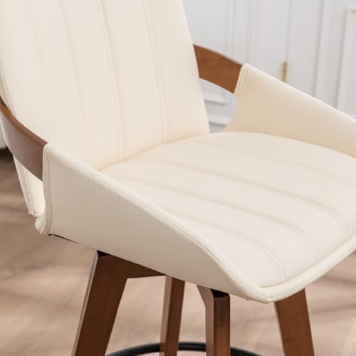 Image of AQG Beige Bar Stools 30 Inch Set of 3 Leather Bar Height Stools with Backs, Mid Century Modern Swivel Bar Chairs, Upholstered Barstools Wood Frame for Kitchen Island