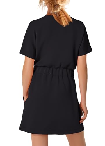 Image of SENSERISE Womens Short Sleeve T Shirt Dresses Crew Neck Solid Color Basic Smocked Waist Dress with Pockets