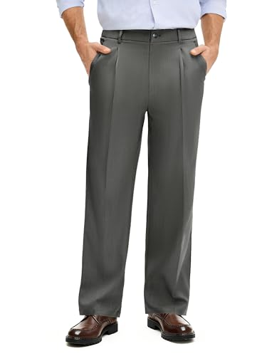 PLEPAN Men's Relaxed Fit Casual Dress Pants Expandable Waist Classic Fit Pleated Front Straight Leg Trousers