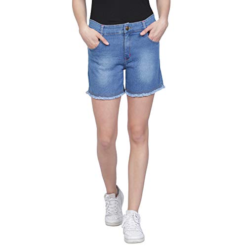Club A9 Women’s Denim Regular Fit Fringed Hemline Stretchable Shorts (DNMS-N-501)