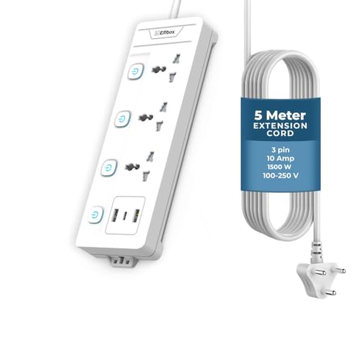 Image of EMBOX Extension Board 5 Meter with USB Type C| Extension Board with Switches 3 Universal Sockets Spike Guard | LED Indicator 2500W Extension Cord