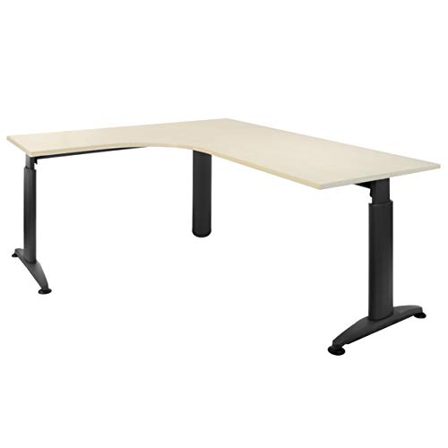 Dimensioni: larghezza 1800 mm, profondità 1600 mm, altezza 740 mm. Si prega di fare riferimento al disegno tecnico. Colore: piano in acero, struttura in antracite, stabile struttura a T con vano per cavi integrato