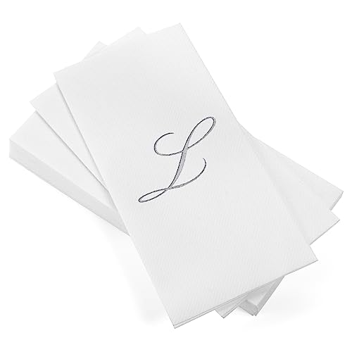 AMERICAN HOMESTEAD Disposable Hand Towels - Silver Foil Monogrammed Guest Napkins - Linen-Like Bathroom Paper Towels for Guests - Perfect Wedding and Party Napkins - 50 Count (Silver L)