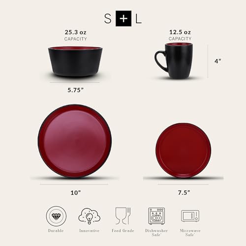 Stone Lain Stoneware Dinnerware Set, Service For 4, Red and Black