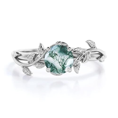 Blocaci Natural Moss Agate Engagement Rings for Women White Gold 1CT Moss Agate Rings Platinum Plated Silver 10K 14K 18K Gold Twisted Leaf Anniversary Promise Rings for Her with Text Engraving