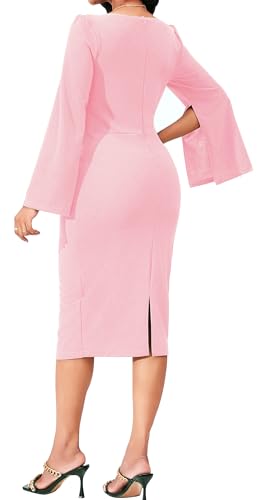 Image of Dresses for Women Elegant Long Sleeves Ruffles Pencil Knee Length Split Business Dress with Belt Zipper