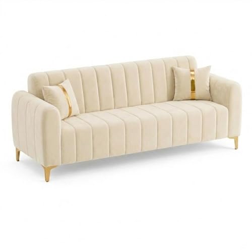 Image of FURNY Harmony 3 Seater Fabric Sofa Set & Golden Legs (Cream) with Velvet Finish | Durable Comfort | Ideal for Living Room