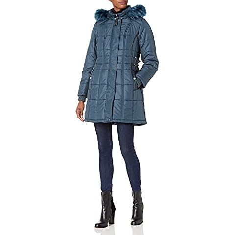 INTL d.e.t.a.i.l.s Women's Thigh-Length Coat with Cozy-Trimmed Hood, Metallic Dream Teal, Medium Cover