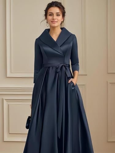 A-line Formal Mother of The Bride Dress Elegant Wedding Guest Dress Satin V-Neck Collared Asymmetrical Bow 20244