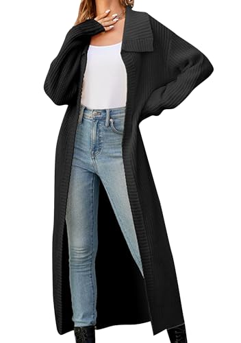 BOFETA Women's Long Plain Cardigan Coats Cable Knit Casual Open Front Long Sleeve Loose Sweater