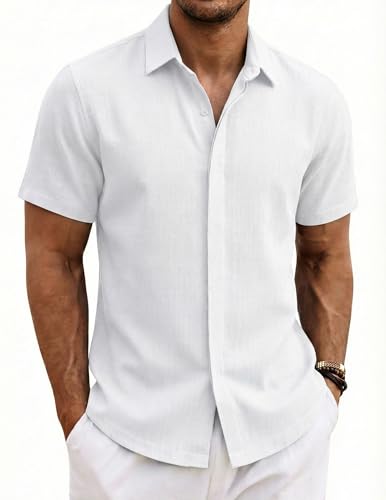 COOFANDY Camisa Hombre Manga Corta Verano 100% Algodón Camisas Hombre Casual Regular Fit Blanco L