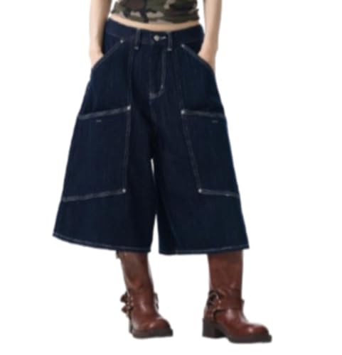 CUTEGAL Cargo Jorts Baggy Cropped Jeans Y2k Capri Pants Grunge Fashion Casual Wide Leg Streetwear Men Unisex (Blue,L)