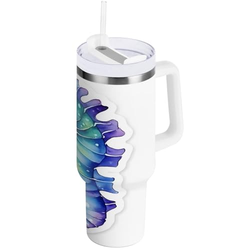 Vaso con asa, tapa con pajita, 887 ml, diseño de caballito de mar en azul aislado, botella de agua de acero inoxidable, taza de viaje para café, 0.89 L