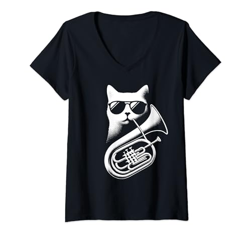 Mujer Gato divertido con gafas de sol jugando a la tuba | Tuba Cat Camiseta Cuello V