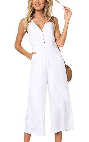 ECOWISH Womens Jumpsuits Casual Button Deep V Neck Sleeveless High Waist Wide Leg Jumpsuit Rompers with Pockets 103 White Large