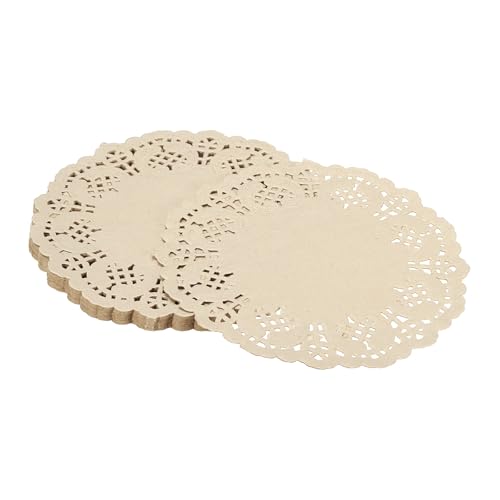 YELARXI Paper Doilies, Paper Lace Doilies Disposable Round Modern Decorative Placemats Bulk, 4.5 Inch Fit for Cakes Desserts Crafts Baked Grilled Fried Food Tableware (100 Pack, Kraft)