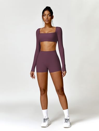 Image of ABOCIW Women Square Neck Long Sleeve Workout Crop Top Low Medium Impact Athletic Yoga Gym Shirts with Built in Bra(ONLY TOP)