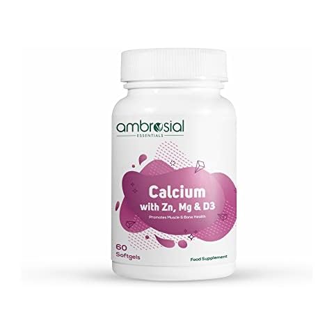Ambrosial Calcium Magnesium Zinc & Vitamin D3 | High Potency Calcium Supplement for Healthy Bones, Muscles & Teeth | Highly Bioavailable Calcium Citrate Formula | Calcium Tablets | 60 Softgels Cover