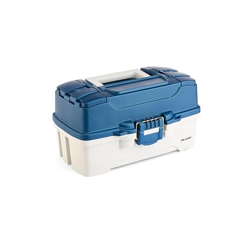Image of Plano Three-Tray Tackle Box, Blue /White, Rust-Proof Brass Latch, Top-Access Tray with Deep Storage, Made in the USA, Portable Fishing Gear Storage Organizer
