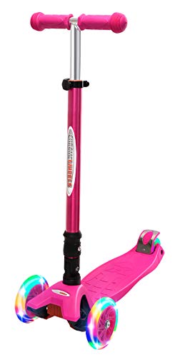 ChromeWheels Scooters for Kids, Deluxe Kick Scooter Foldable 4 Adjustable Height 132lbs Weight Limit 3 Wheel, Lean to Steer LED Light Up Wheels, Best Gifts for Girls Boys Age 3-12 Year Old, Pink