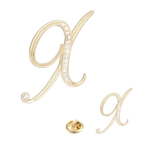 Image of PATIKIL Rhinestone Letter Brooch Pins, 2 Sizes Initial Rhinestone Alphabet x Letter Lapel Badges Pin for Women Men Suits Dress Coat Clothes Craft, Gold Tone