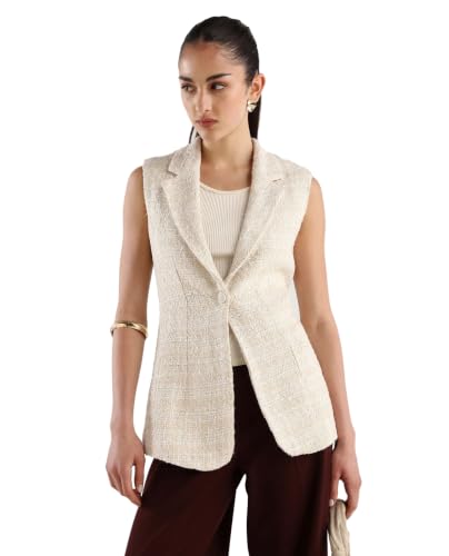 Image of Rareism Fitted Solid Beige Polyester Blend Sleeveless Lapel Coat