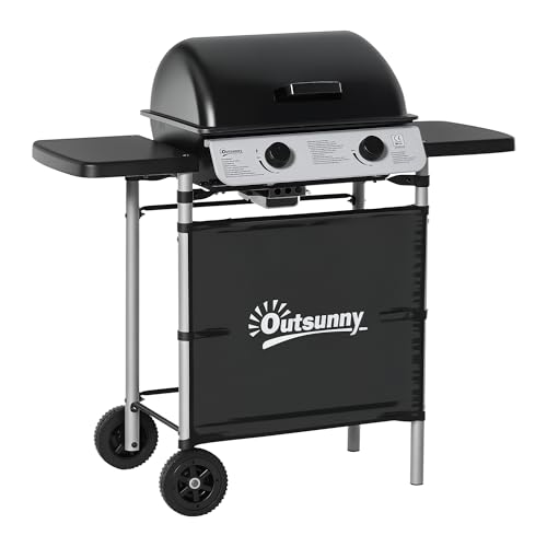 Outsunny Barbecue gaz 2 brûleurs en acier inoxydable, puissance 2,8 kW, barbecue de jardin 2 grilles en chromé, 2 étagères latérales, 2 roues, pour camping, balcon et terrasse, noir