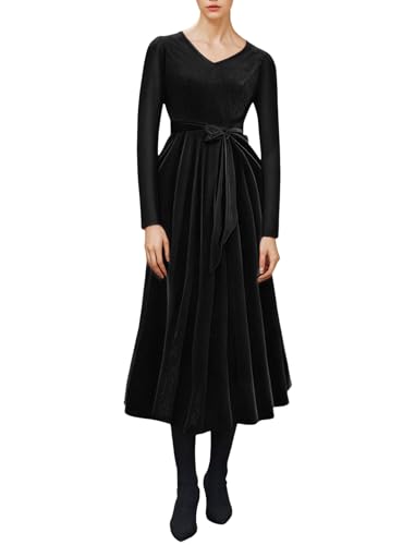 IWEMEK Samtkleid Damen Lang Kleid Audrey Hepburn Stil V-Ausschnitt Lange Ärmel Abendkleid Sexy Elegant Cocktailkleid Knielang Ballkleider...