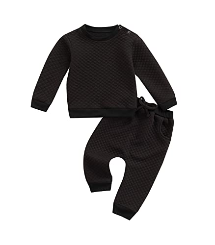 Image of Newborn Baby Boy Girl Clothes Gender Neutral Sweatsuit Unisex Solid Outfit Long Sleeve Warm Pullover Pant Set (W-Black, 0-6 Months)