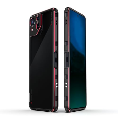 Rog phone 9用バンパー アルミ ログフォン9用ケース カメラレンズ保護カバー付 Rog phone 9 pro用金属フレーム 耐衝撃 メタルサイドカバー(レッドブラック)
