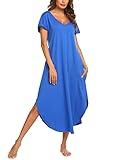 ADOME Nachthemd Damen Nachtwäsche Loungewear Nachtkleid Kurz Kurze Ärmel Sleepshirt Kurzarm V-Ausschnitt Sleepwear Bequeme Freizeitkleid,Königsblau,XXL