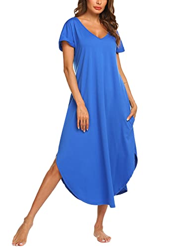 Preisvergleich Produktbild ADOME Nachthemd Damen Baumwolle Nachtkleid Lang Nachthemden V-Ausschnitt Freizeitkleid Shirt Strandkleid Große Größen mit Taschen