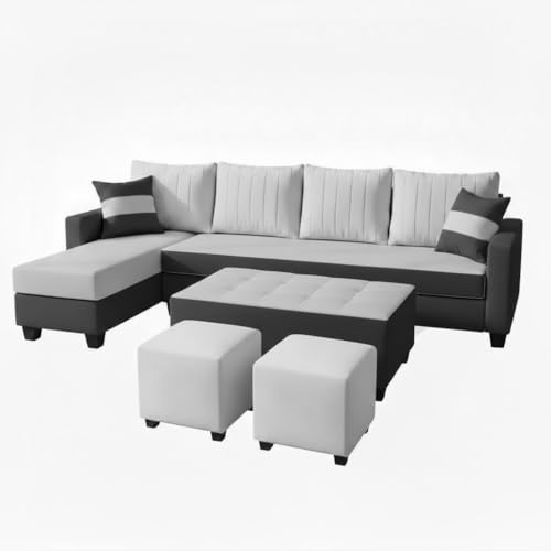 Image of FURNY Avenue 8 Seater Fabric LHS L Shape Sofa Set with 1 Centre Table & 2 Puffy (Light Grey-Dark Grey) Premium Velvet Finish